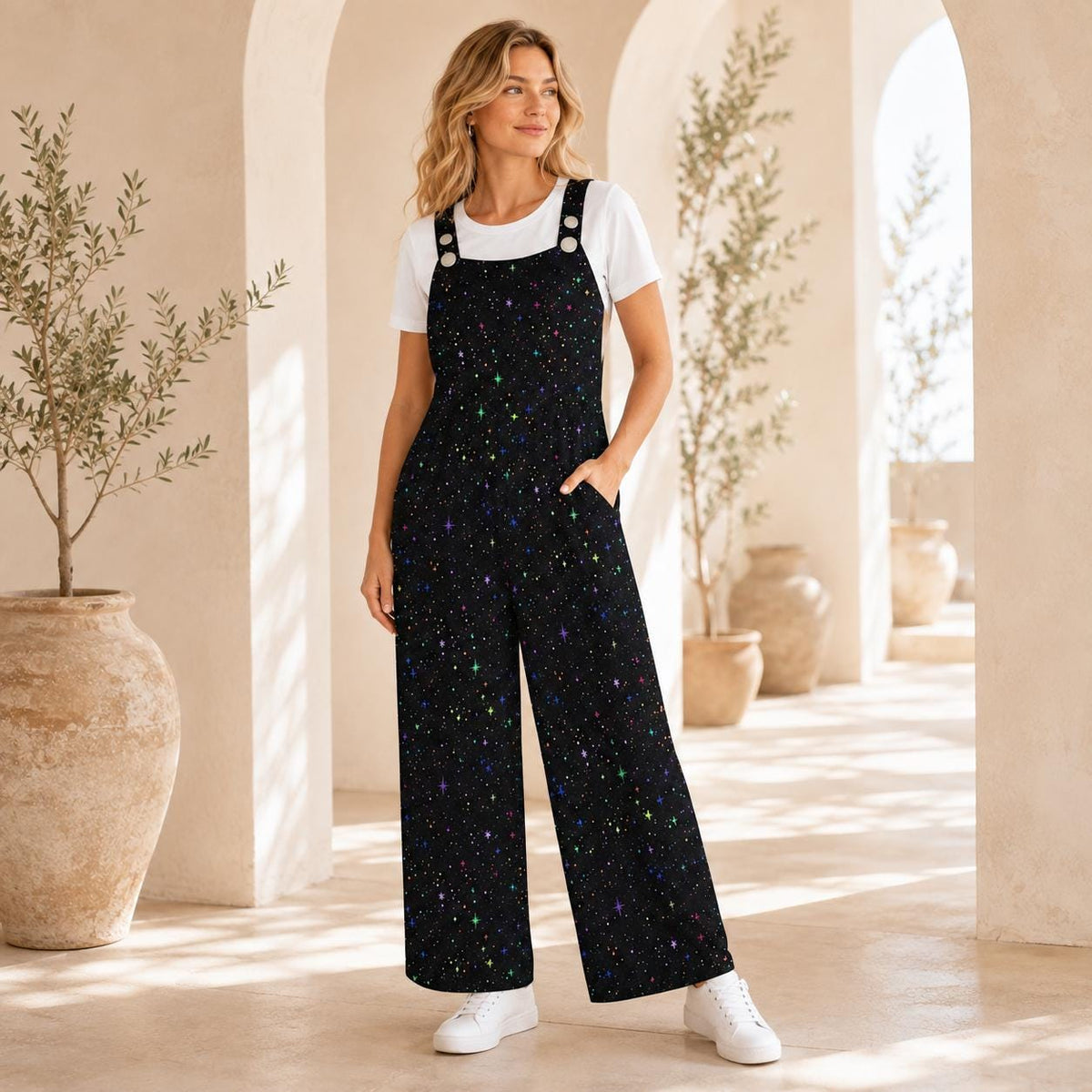 Black Multicolor Star Speckle Celestial Wide Leg Jumpsuit with Pockets, Overalls