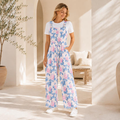 Floral Butterfly Jumpsuit: Blush Pink Wide Leg, Sleeveless, Pockets