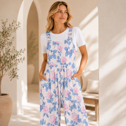 Floral Butterfly Jumpsuit: Blush Pink Wide Leg, Sleeveless, Pockets