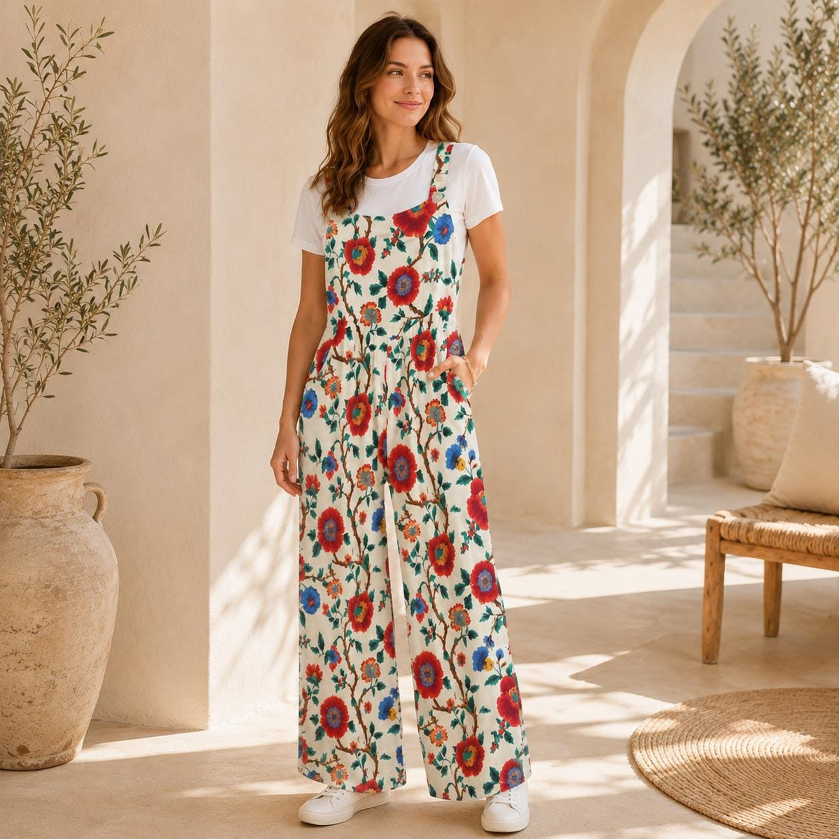 Boho Floral Jumpsuit: Red Blue Flowers, Wide Leg, Pockets (95% Polyester)