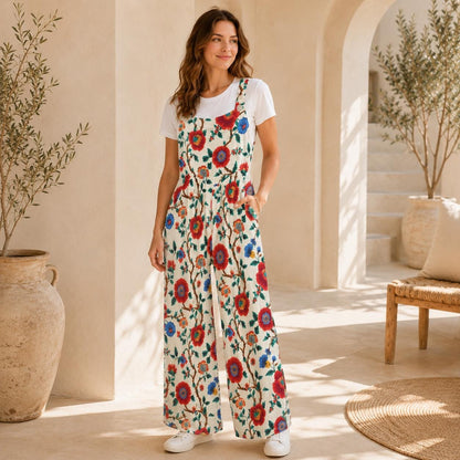 Boho Floral Jumpsuit: Red Blue Flowers, Wide Leg, Pockets (95% Polyester)