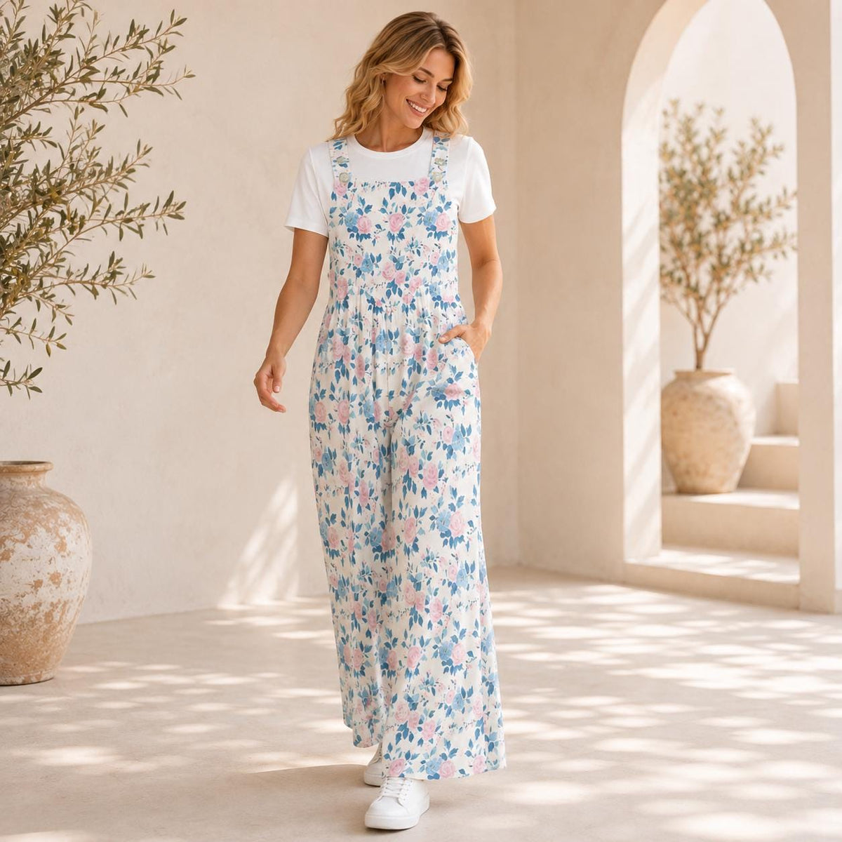 Cottage Garden Floral Jumpsuit, Pink Blue Wide Leg One Piece with Pockets