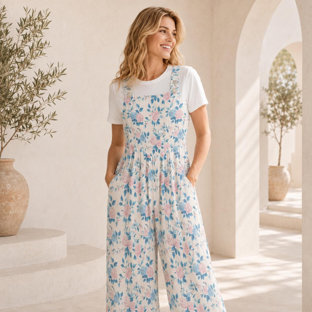 Cottage Garden Floral Jumpsuit, Pink Blue Wide Leg One Piece with Pockets