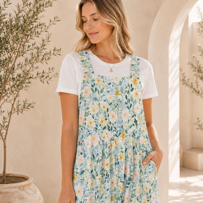 Pale Blue Wildflower Jumpsuit: Square Neck, Wide Leg, Pockets (95% Polyester)