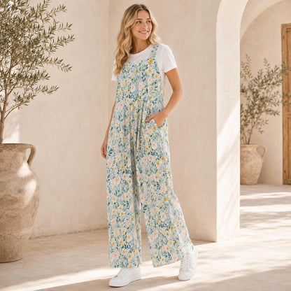 Pale Blue Wildflower Jumpsuit: Square Neck, Wide Leg, Pockets (95% Polyester)