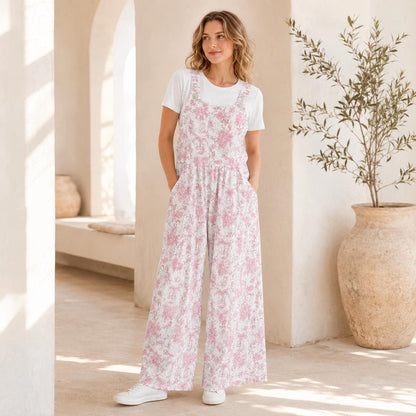 Pink Floral Toile Jumpsuit: Romantic Cottagecore Wide Leg, Square Neck, Pockets