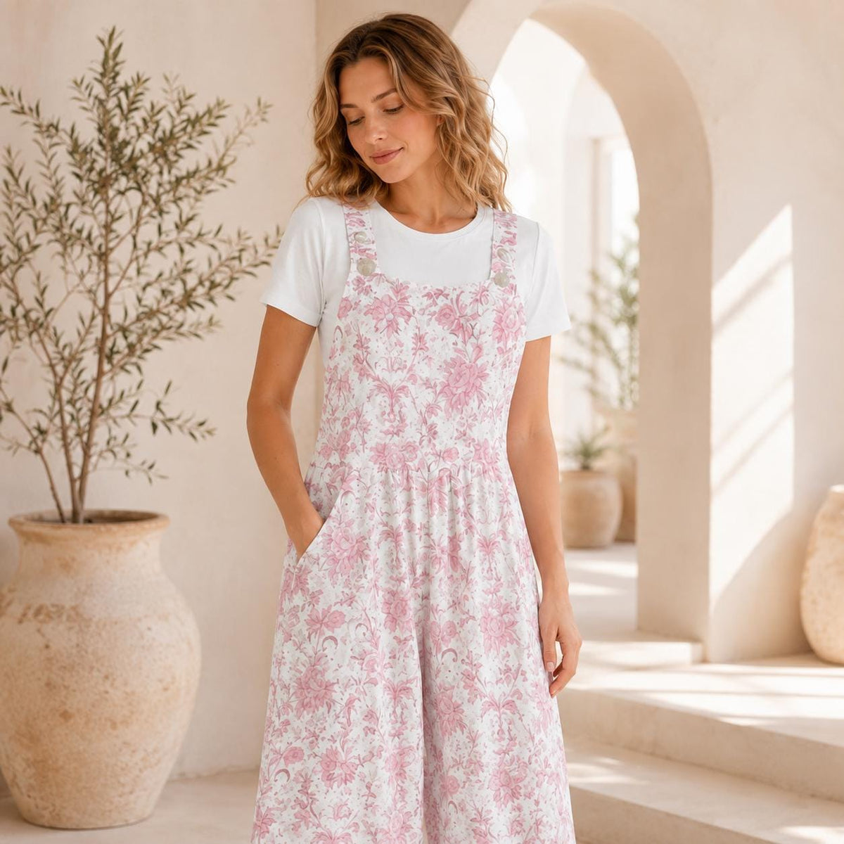 Pink Floral Toile Jumpsuit: Romantic Cottagecore Wide Leg, Square Neck, Pockets