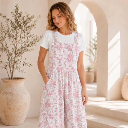 Pink Floral Toile Jumpsuit: Romantic Cottagecore Wide Leg, Square Neck, Pockets