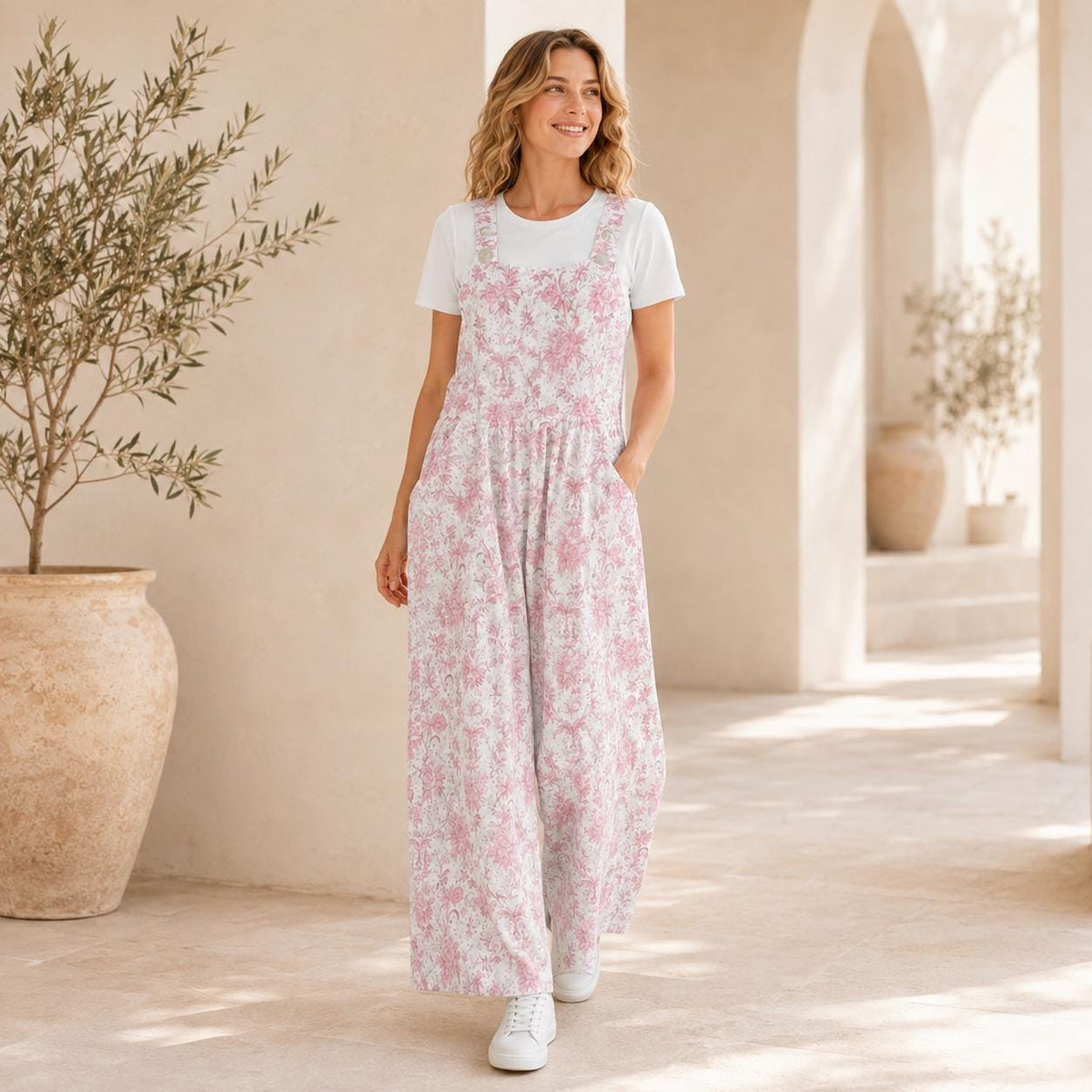 Pink Floral Toile Jumpsuit: Romantic Cottagecore Wide Leg, Square Neck, Pockets