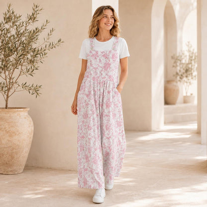 Pink Floral Toile Jumpsuit: Romantic Cottagecore Wide Leg, Square Neck, Pockets
