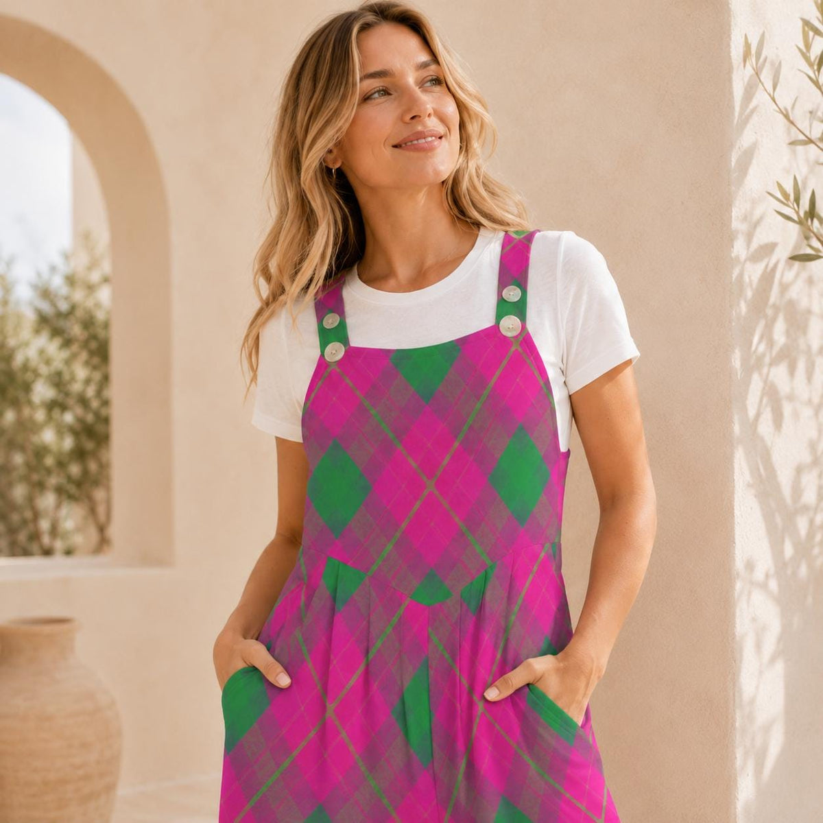 Hot Pink Green Wide Leg One Piece with Pockets, Retro Jumpsuit