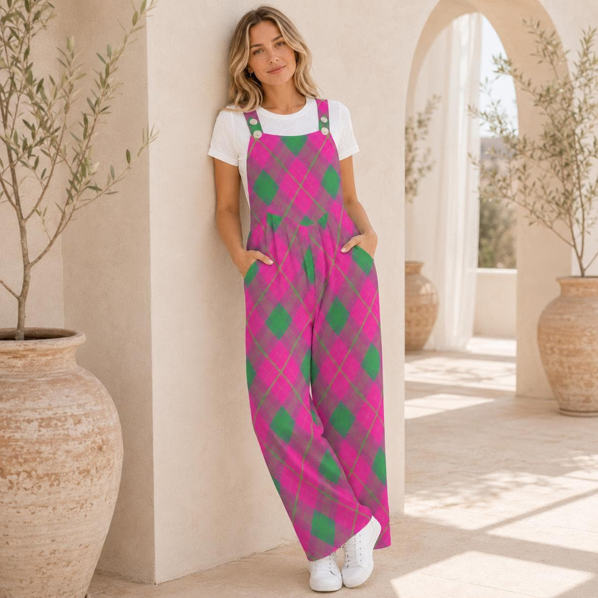Hot Pink Green Wide Leg One Piece with Pockets, Retro Jumpsuit