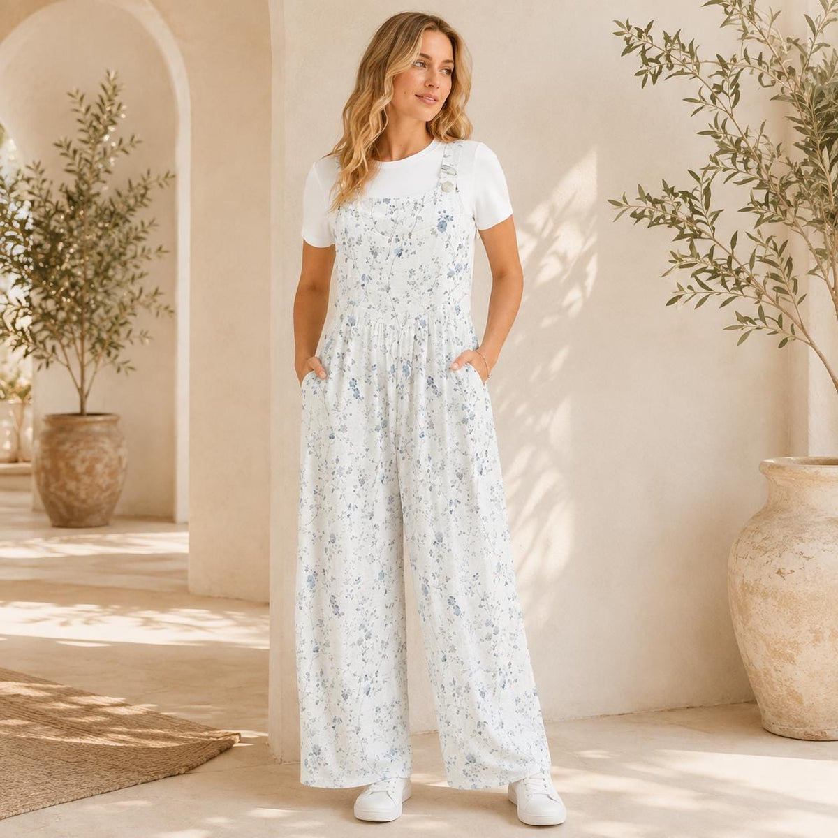 Pale Blue Wildflower Jumpsuit: Ditsy Floral Wide Leg, Square Neck, Pockets