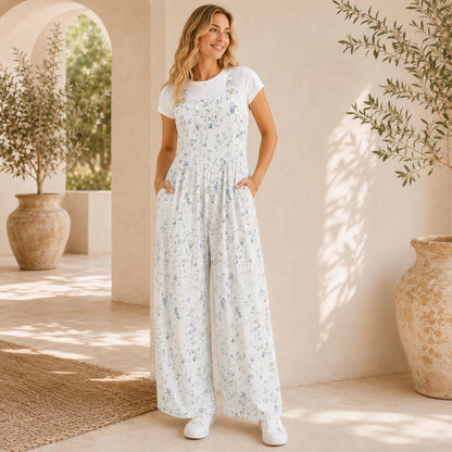 Pale Blue Wildflower Jumpsuit: Ditsy Floral Wide Leg, Square Neck, Pockets