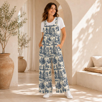 Blue Village Toile Jumpsuit: French Country Print, Wide Leg, Pockets