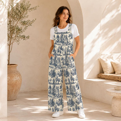 Blue Village Toile Jumpsuit: French Country Print, Wide Leg, Pockets