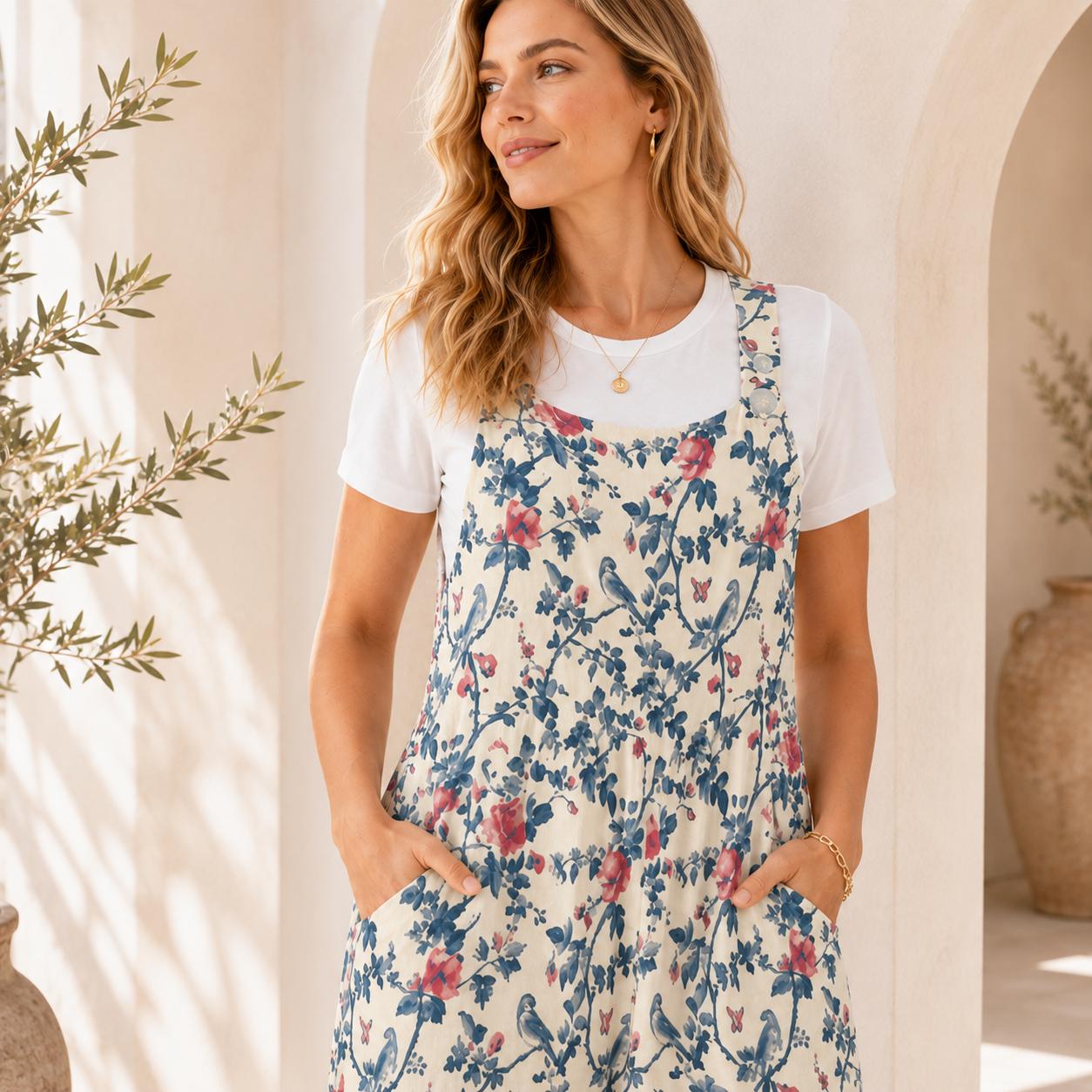 Ivory Blue Red Wildflower Jumpsuit, Wide Leg Sleeveless Overalls With Pockets