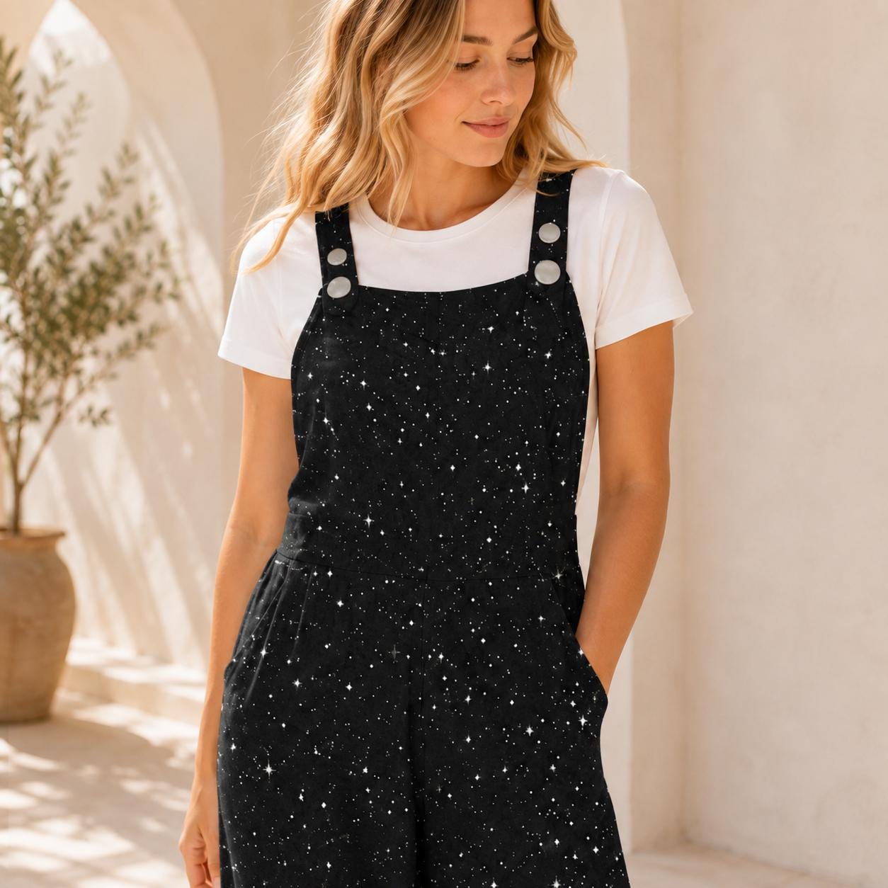 Black White Star Celestial Jumpsuit, Wide Leg Sleeveless Overalls With Pockets