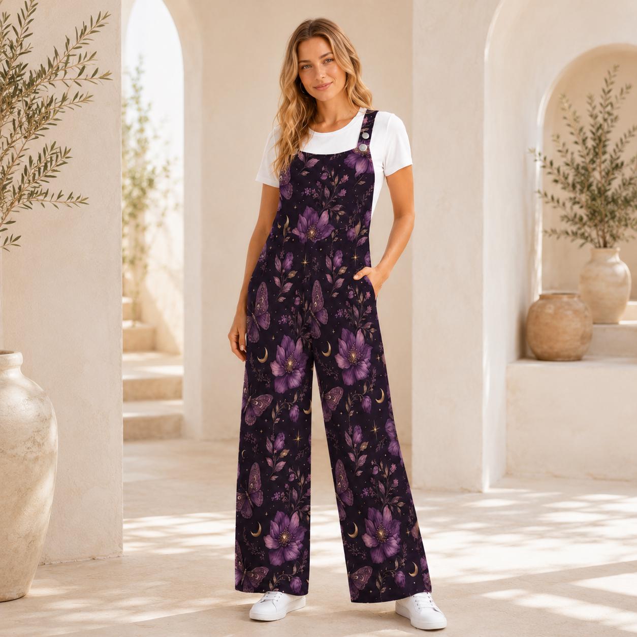 Deep Purple Moon Floral Celestial Jumpsuit, Wide Leg Sleeveless Overalls With Pockets