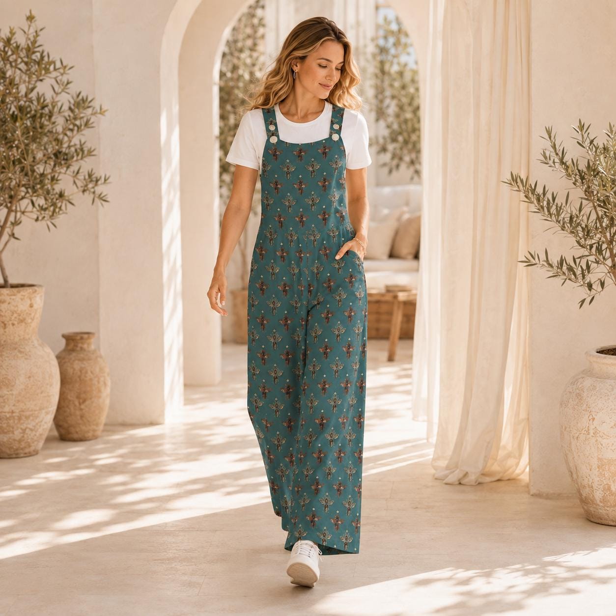Teal Honey Bee Festival Jumpsuit, Wide Leg Sleeveless Overalls With Pockets