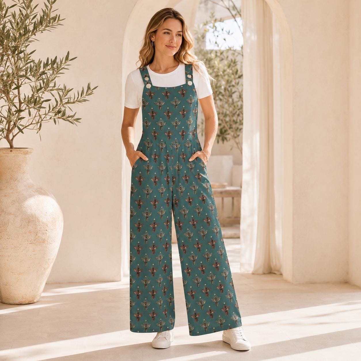 Teal Honey Bee Festival Jumpsuit, Wide Leg Sleeveless Overalls With Pockets