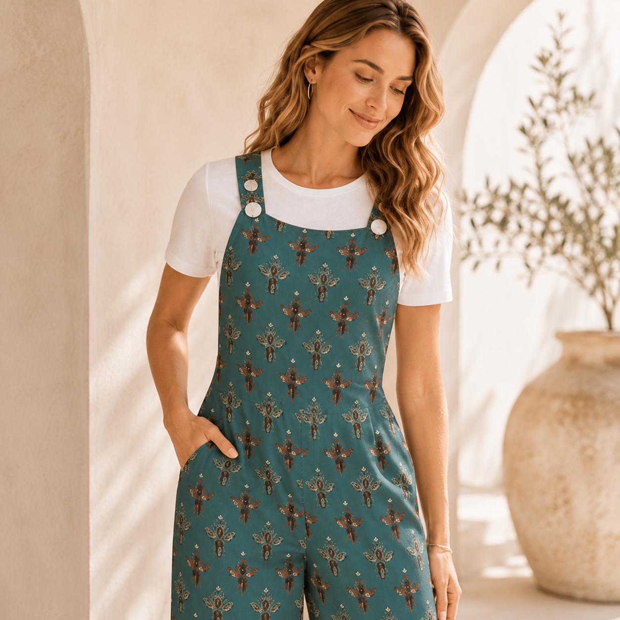 Teal Honey Bee Festival Jumpsuit, Wide Leg Sleeveless Overalls With Pockets