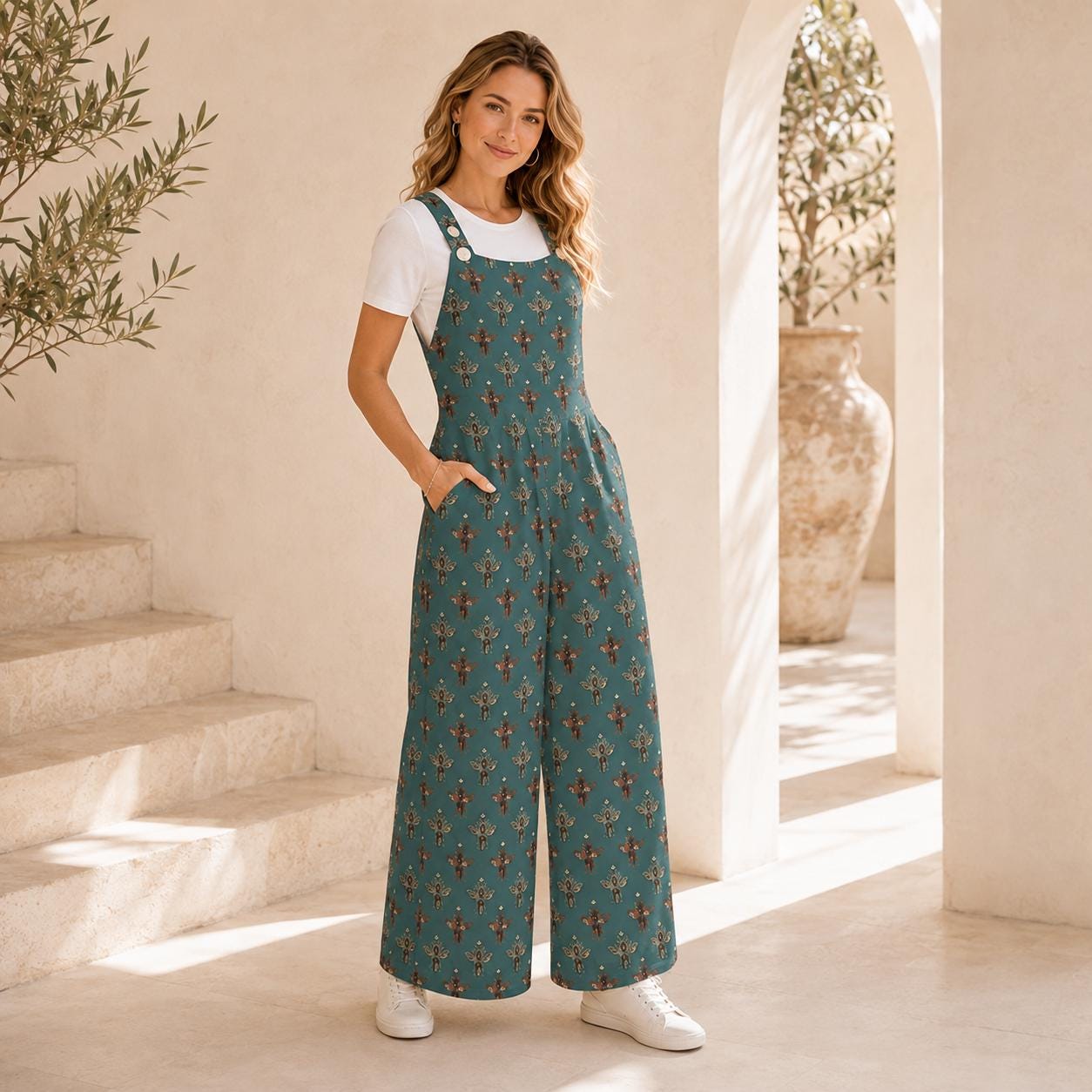 Teal Honey Bee Festival Jumpsuit, Wide Leg Sleeveless Overalls With Pockets