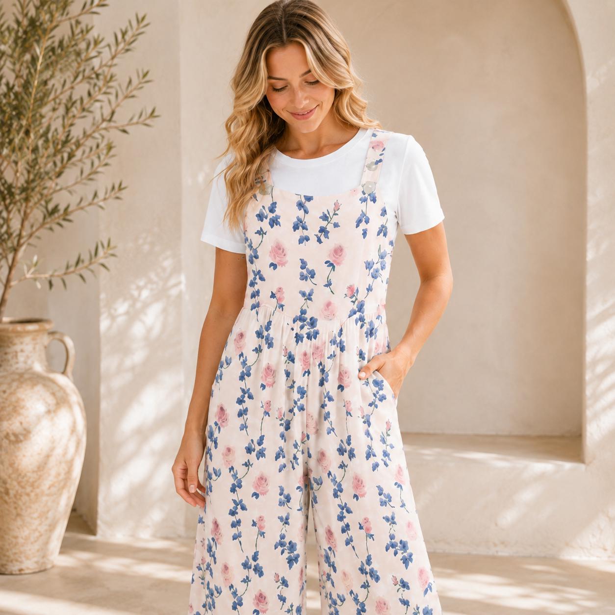 Blush Pink Blue Botanical Floral Jumpsuit, Wide Leg Sleeveless Overalls With Pockets