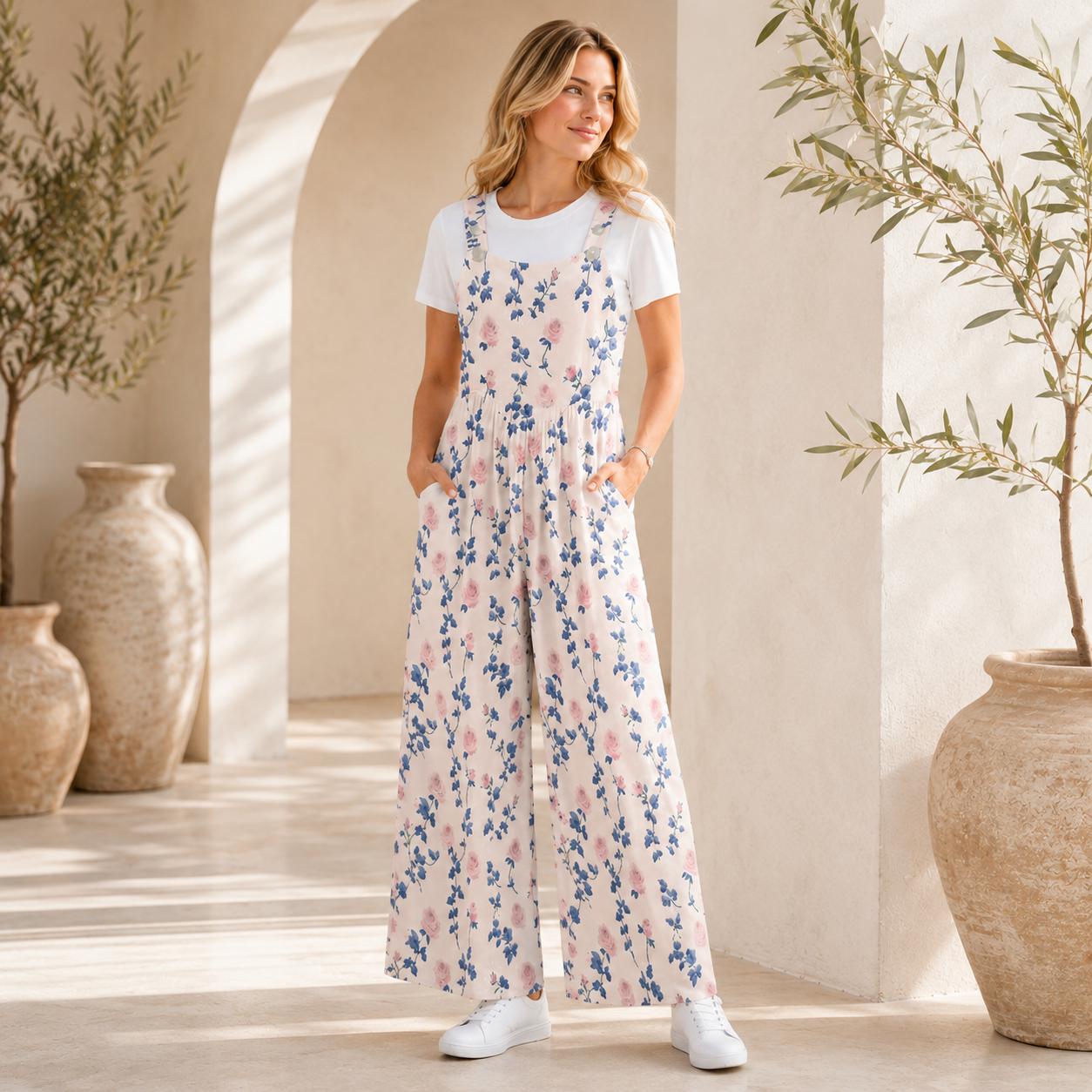 Blush Pink Blue Botanical Floral Jumpsuit, Wide Leg Sleeveless Overalls With Pockets