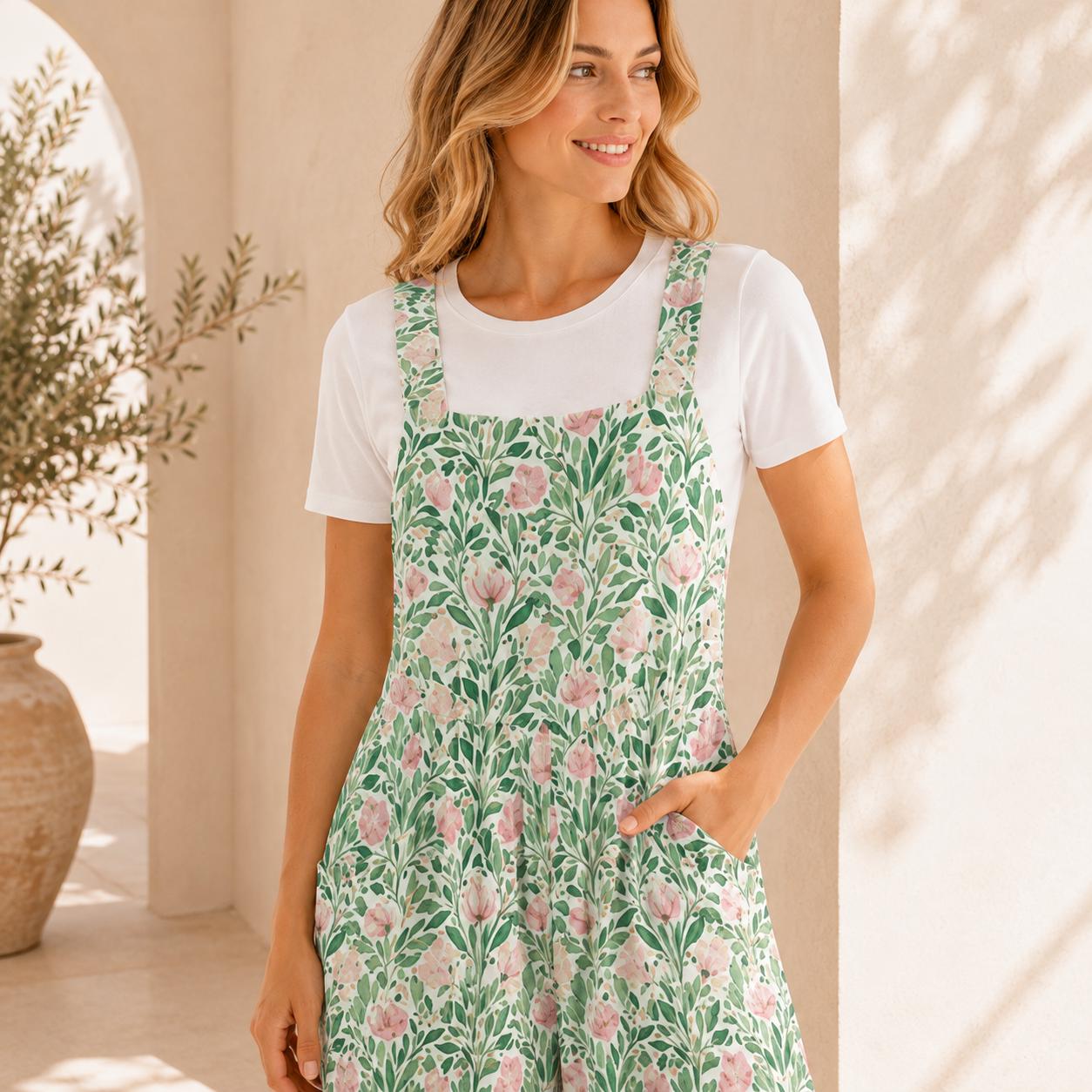 Mint Green Pink Botanical Floral Jumpsuit, Wide Leg Sleeveless Overalls With Pockets