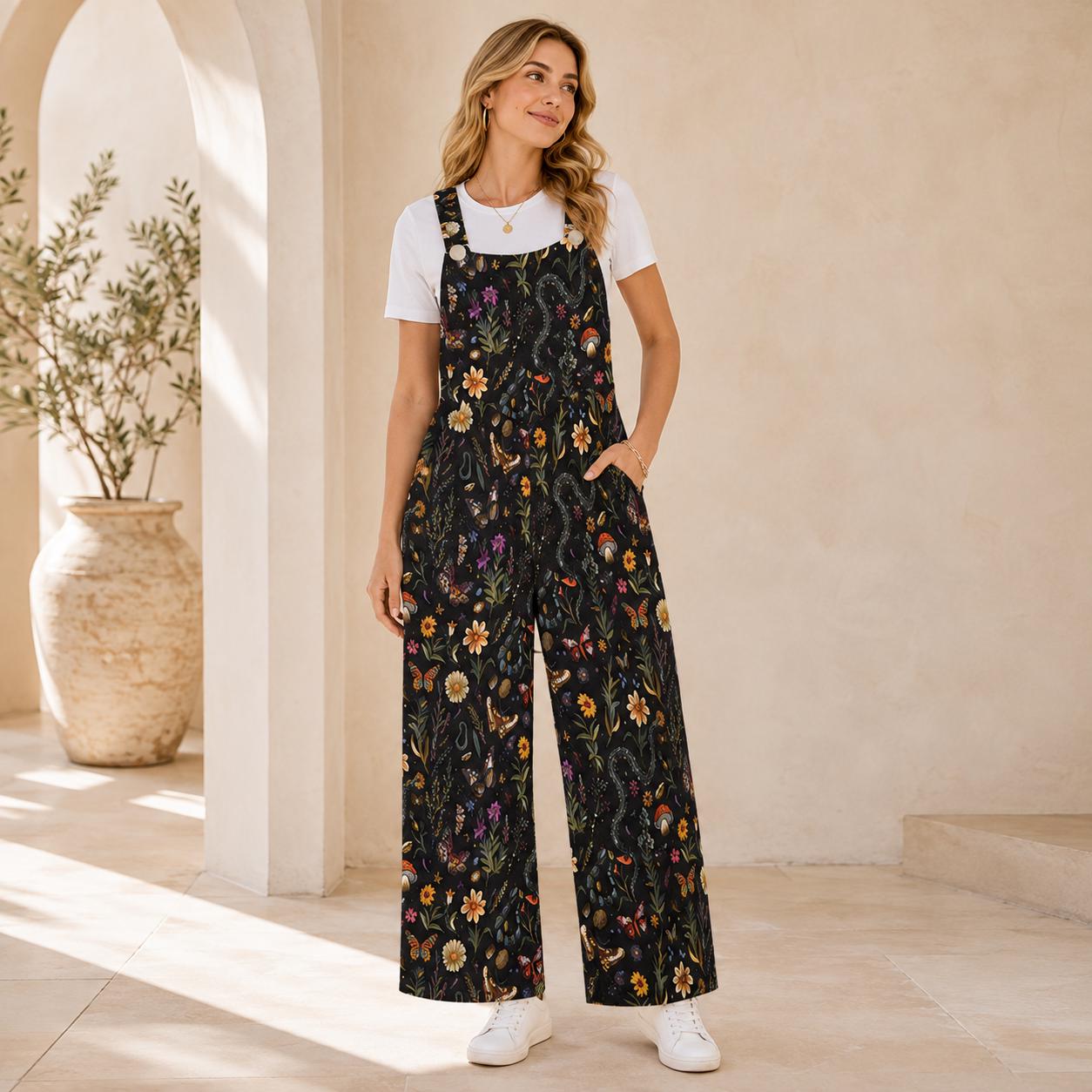 Black Moon Wildflower Celestial Jumpsuit, Wide Leg Sleeveless Overalls With Pockets