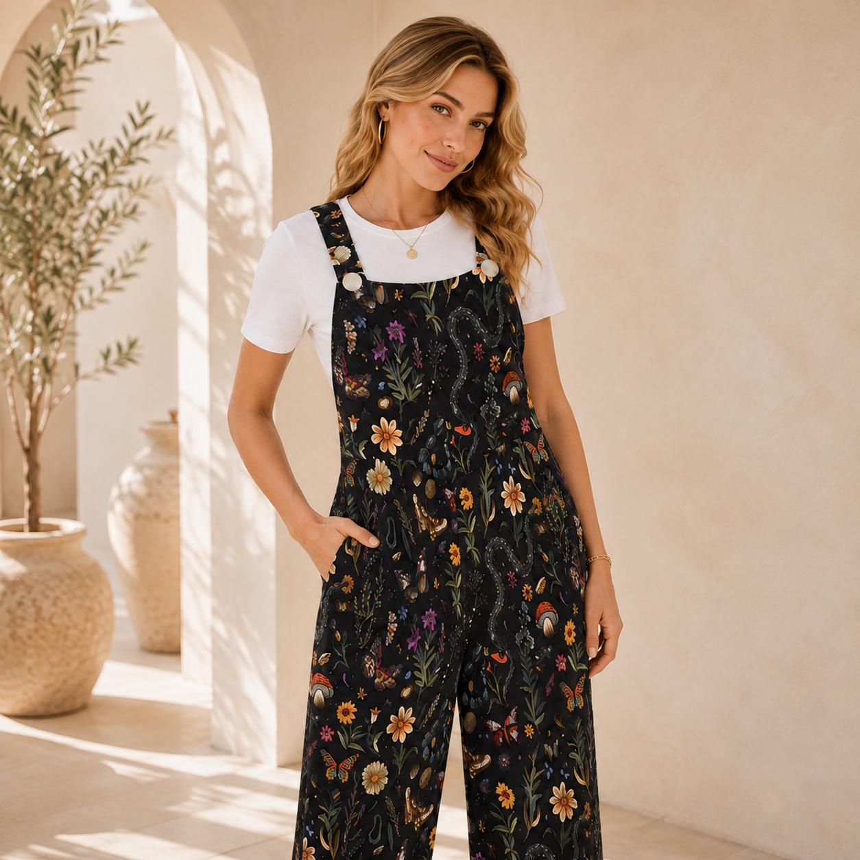 Black Moon Wildflower Celestial Jumpsuit, Wide Leg Sleeveless Overalls With Pockets