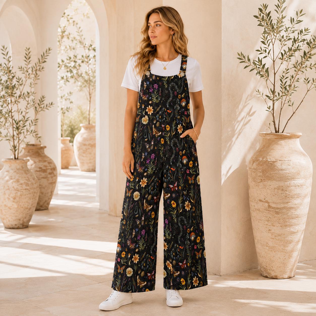 Black Moon Wildflower Celestial Jumpsuit, Wide Leg Sleeveless Overalls With Pockets