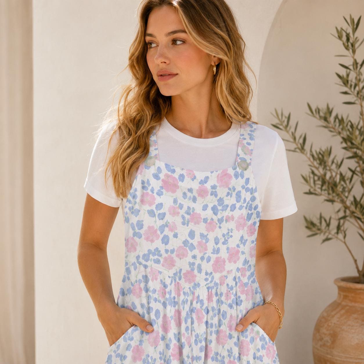 White Pastel Pink Blue Wildflower Jumpsuit, Wide Leg Sleeveless Overalls With Pockets