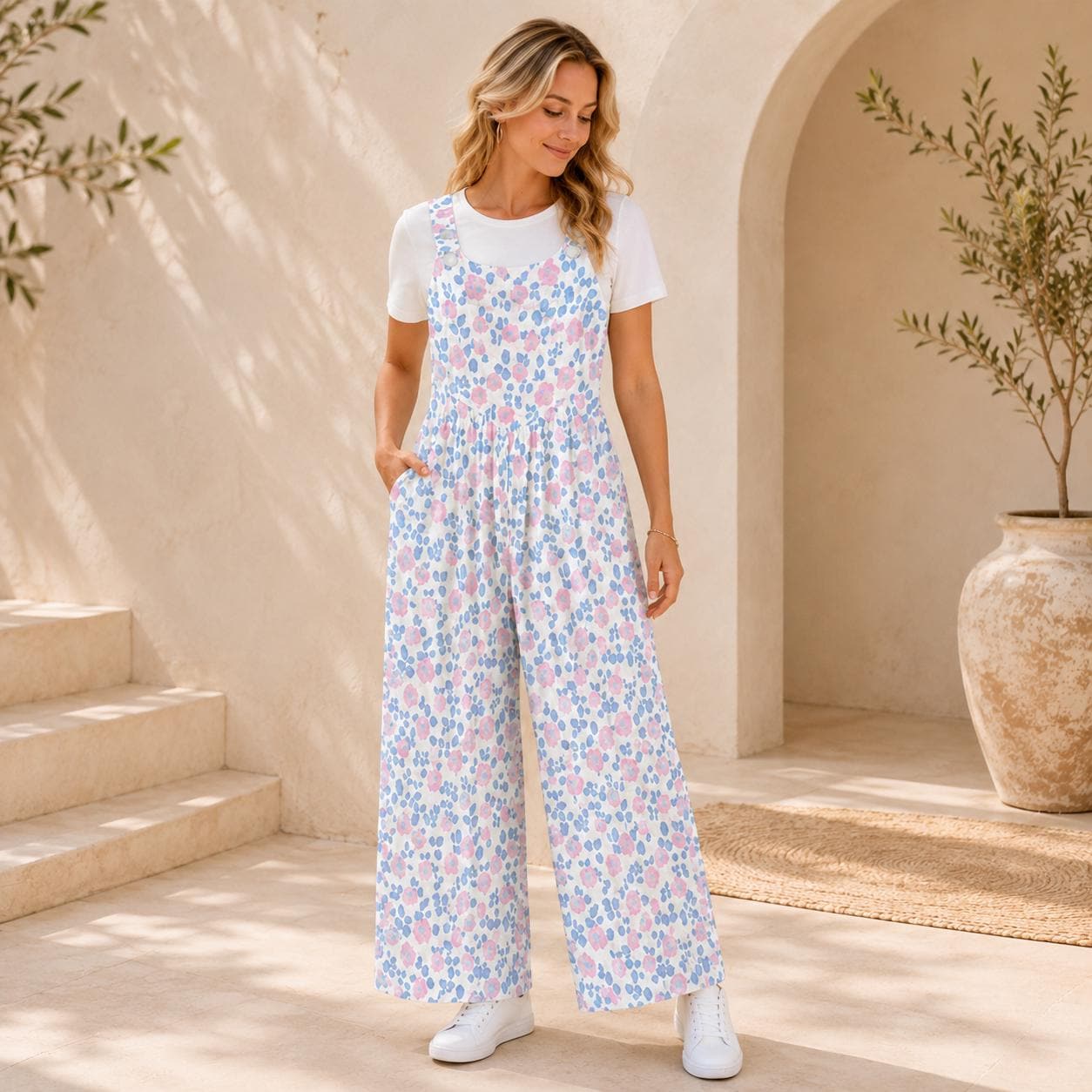White Pastel Pink Blue Wildflower Jumpsuit, Wide Leg Sleeveless Overalls With Pockets