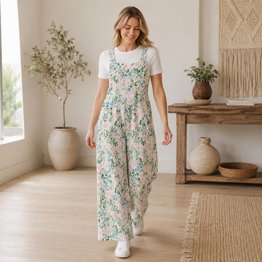 Floral Wide Leg Jumpsuit: Blush Pink Cottage Garden Print, Pockets, Relaxed Fit