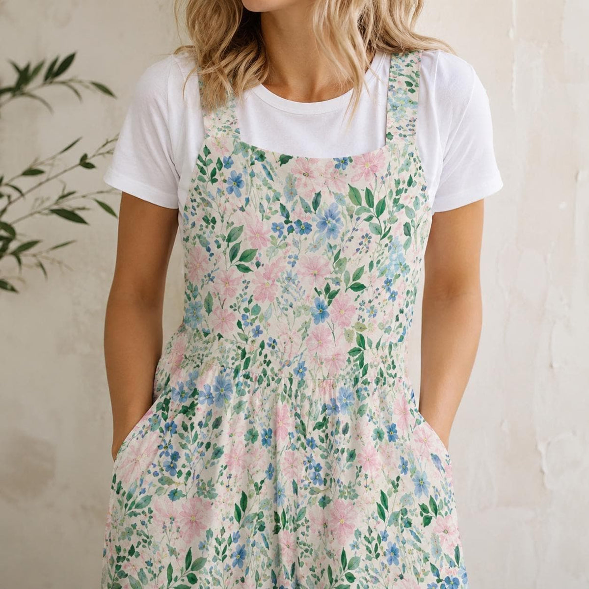 Floral Wide Leg Jumpsuit: Blush Pink Cottage Garden Print, Pockets, Relaxed Fit