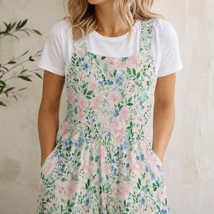 Floral Wide Leg Jumpsuit: Blush Pink Cottage Garden Print, Pockets, Relaxed Fit