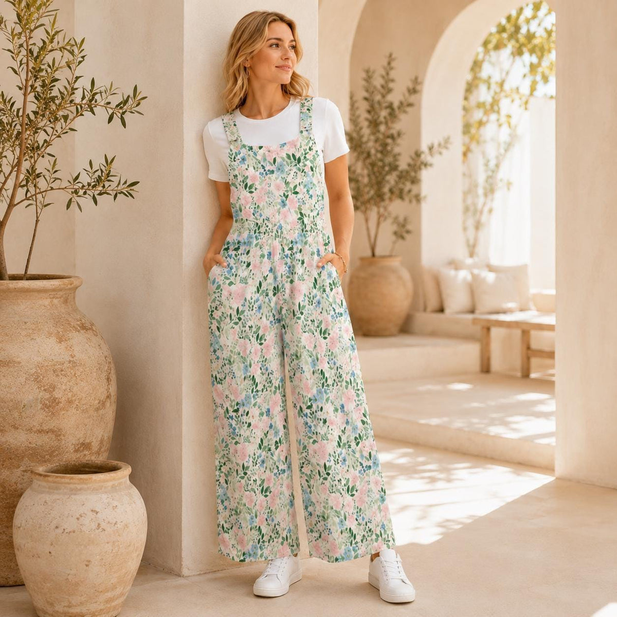 Floral Wide Leg Jumpsuit: Blush Pink Cottage Garden Print, Pockets, Relaxed Fit