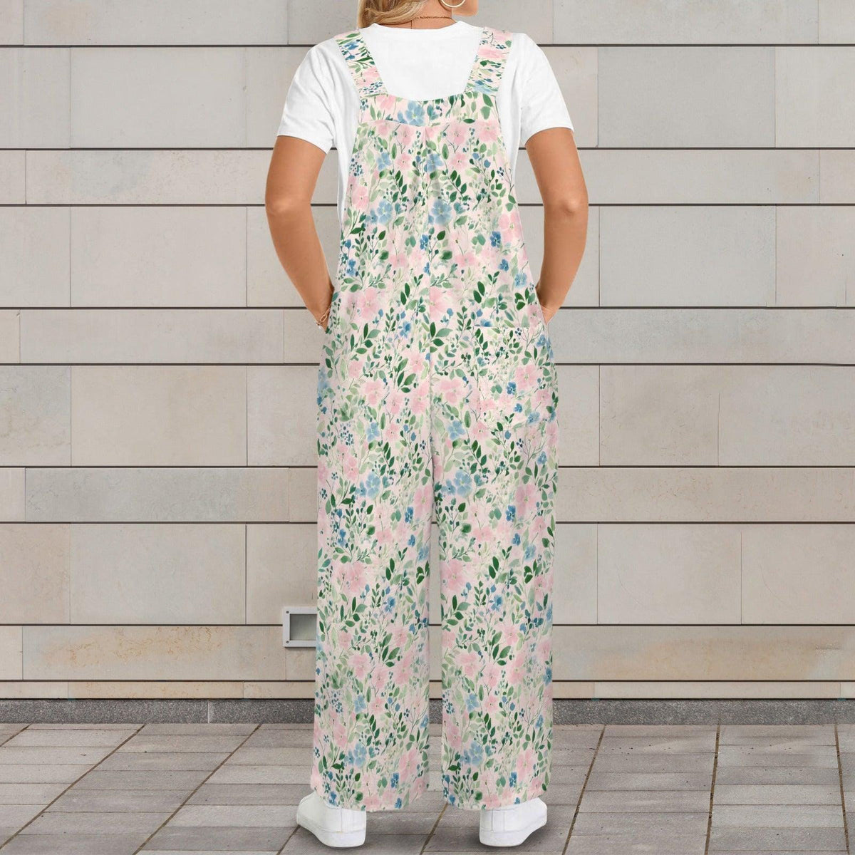 Floral Wide Leg Jumpsuit: Blush Pink Cottage Garden Print, Pockets, Relaxed Fit