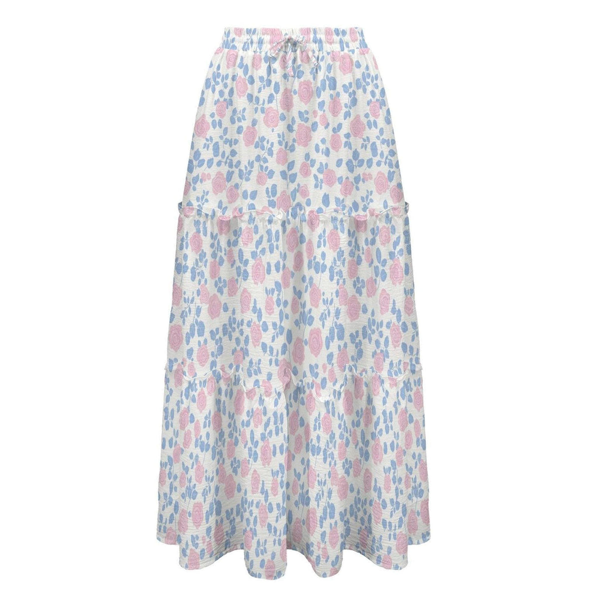 Studio shot of the high waist tiered maxi skirt displaying the white fabric with pink roses, blue leaves, and a drawstring waist.
