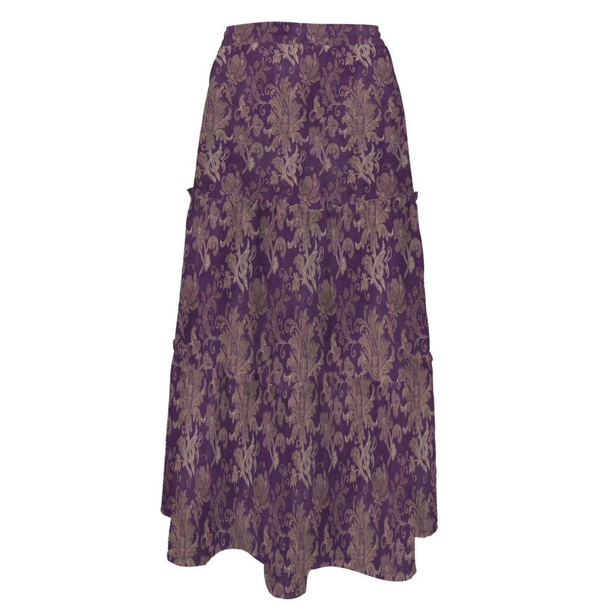 A long, high-waisted tiered maxi skirt made of deep purple fabric featuring an ornate golden damask pattern.