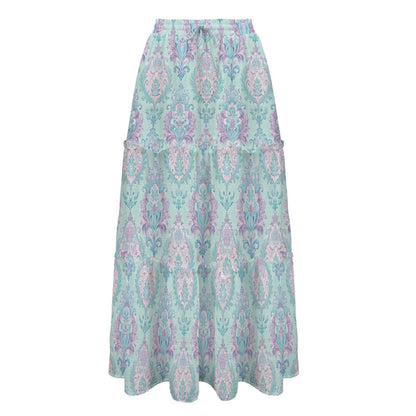 Pastel Aqua Paisley Maxi Skirt, Romantic Boho Damask Medallions
