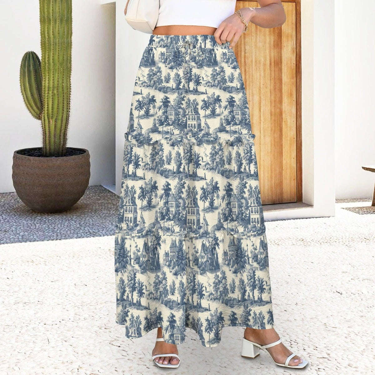French Toile Maxi Skirt, Cream and Denim-Blue Pastoral Scene