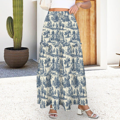 French Toile Maxi Skirt, Cream and Denim-Blue Pastoral Scene