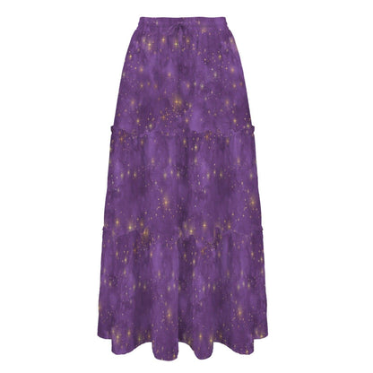 Purple Celestial Maxi Skirt, Gold Star Tiered Boho Skirt