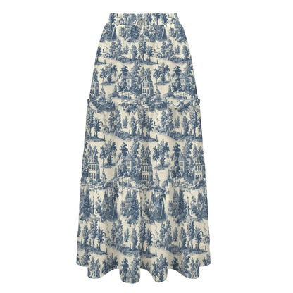French Toile Maxi Skirt, Cream and Denim-Blue Pastoral Scene