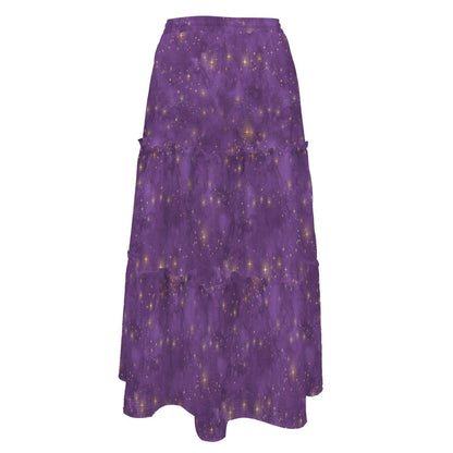 Purple Celestial Maxi Skirt, Gold Star Tiered Boho Skirt