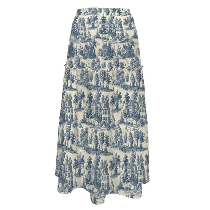 French Toile Maxi Skirt, Cream and Denim-Blue Pastoral Scene