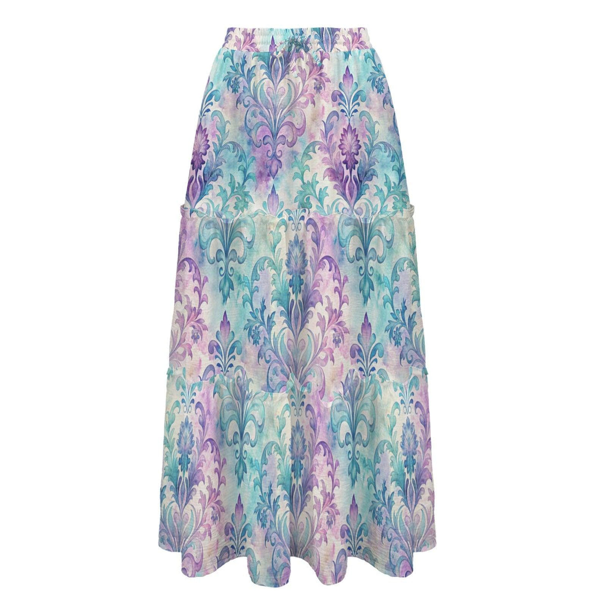 Pastel Paisley Maxi Skirt, Aqua Lavender Botanical Tiered Skirt
